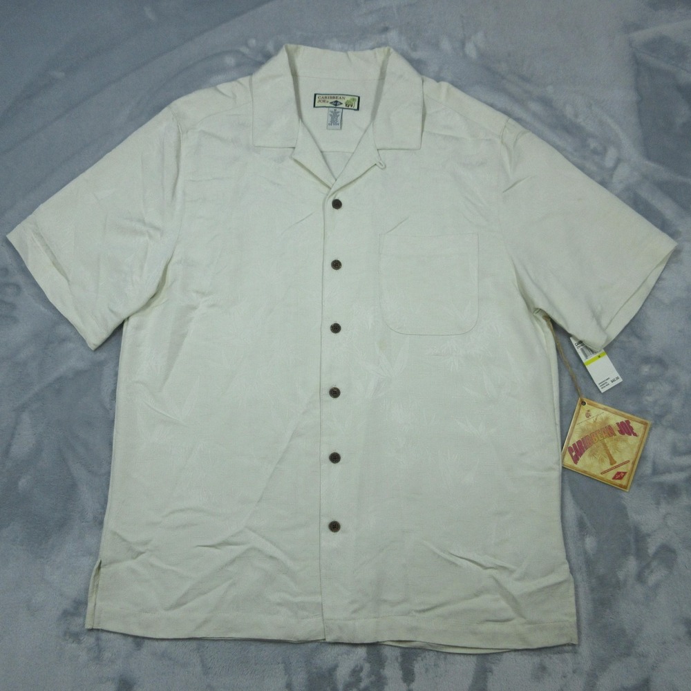 Caribbean Joe Shirt Mens Medium Sand Hawaiian Camp Button Front Palm Jacquard